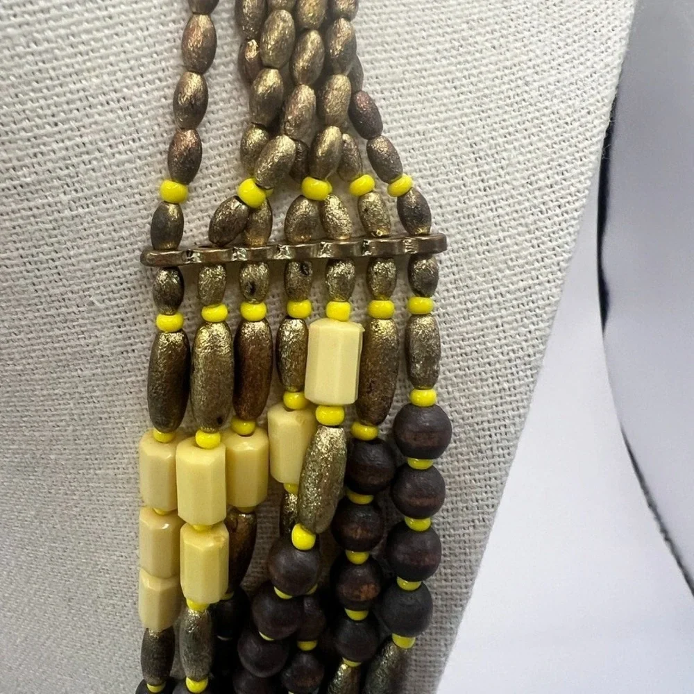 Vintage Boho Multi-Strand Necklace Yellow Black Natural Wood Seed‎ Beads Earthy